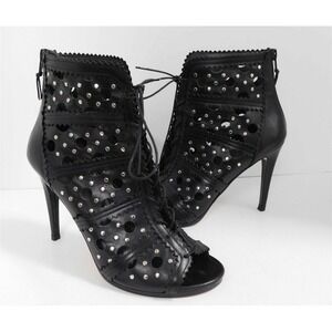 Stuart Weitzman Black Leather Silver Studded Lace Up Open Toe Booties 9.5 M